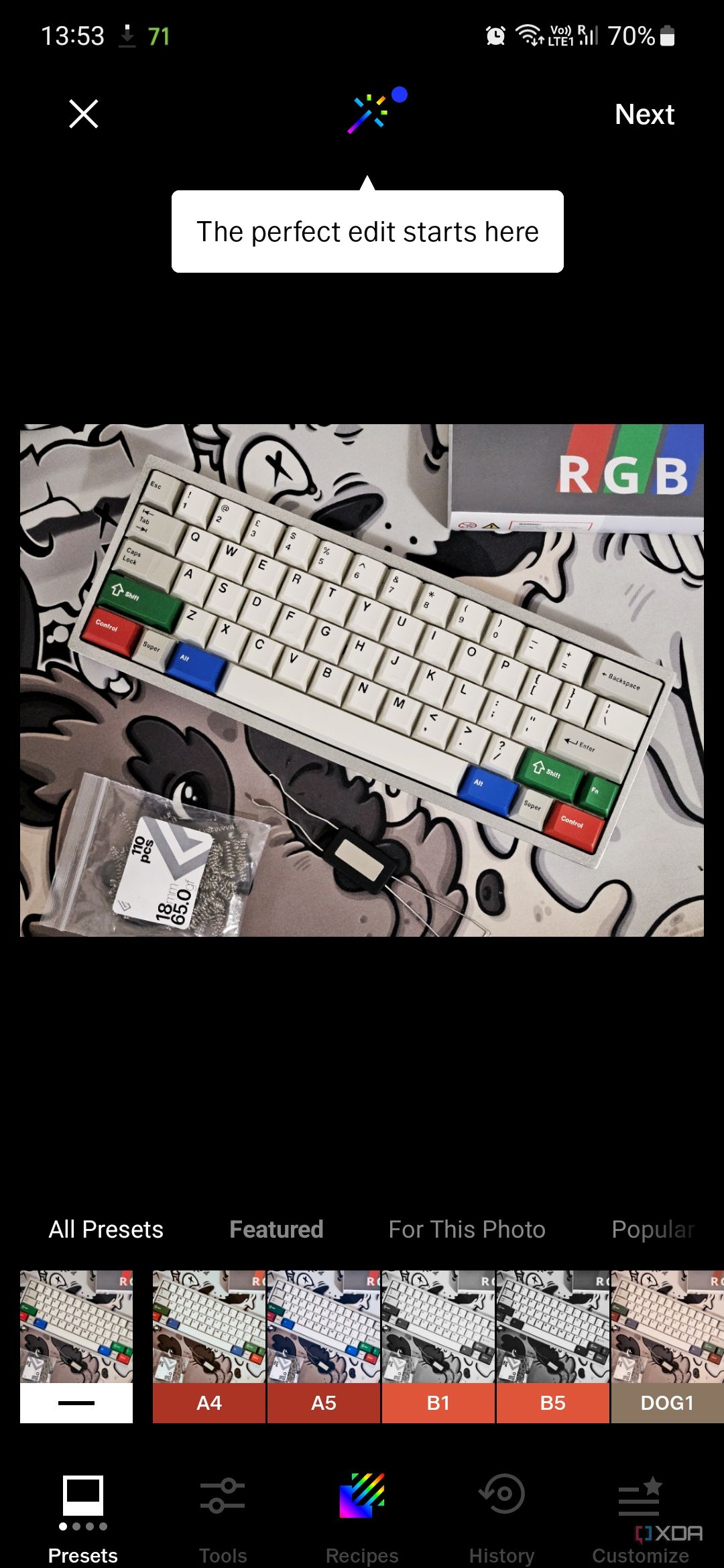 A screenshot captured on Galaxy S23 showing an image of a keyboard being edited on VSCO app.
