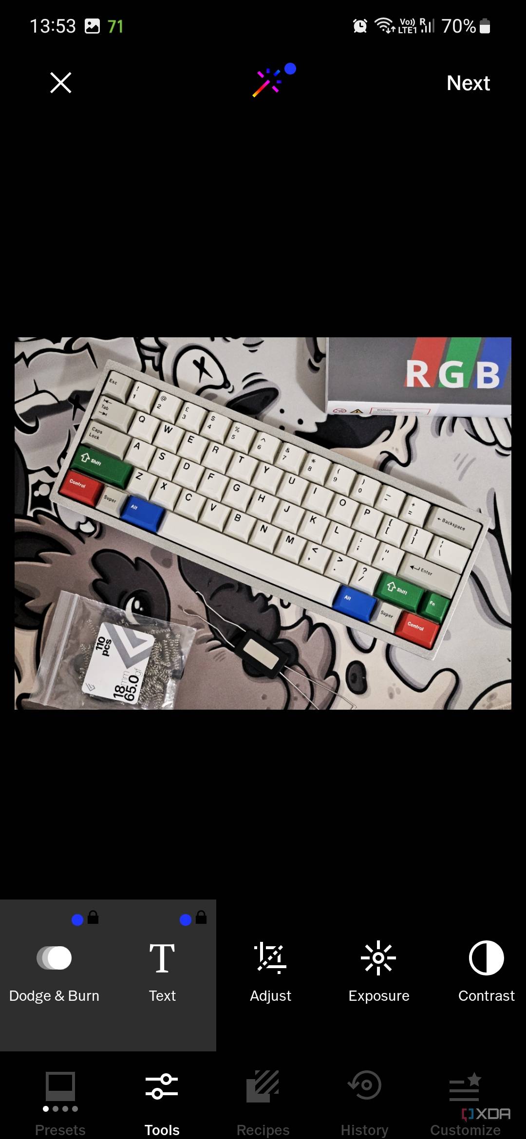 A screenshot captured on Galaxy S23 showing an image of a keyboard being edited on VSCO app.