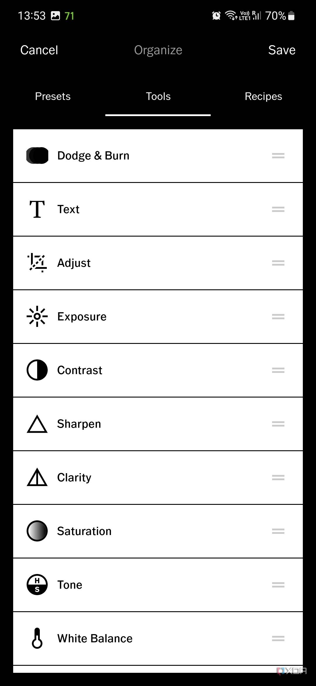 A screenshot captured on Galaxy S23 showing a list of editing tools in VSCO.