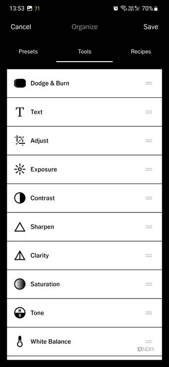 A screenshot captured on Galaxy S23 showing a list of editing tools in VSCO.
