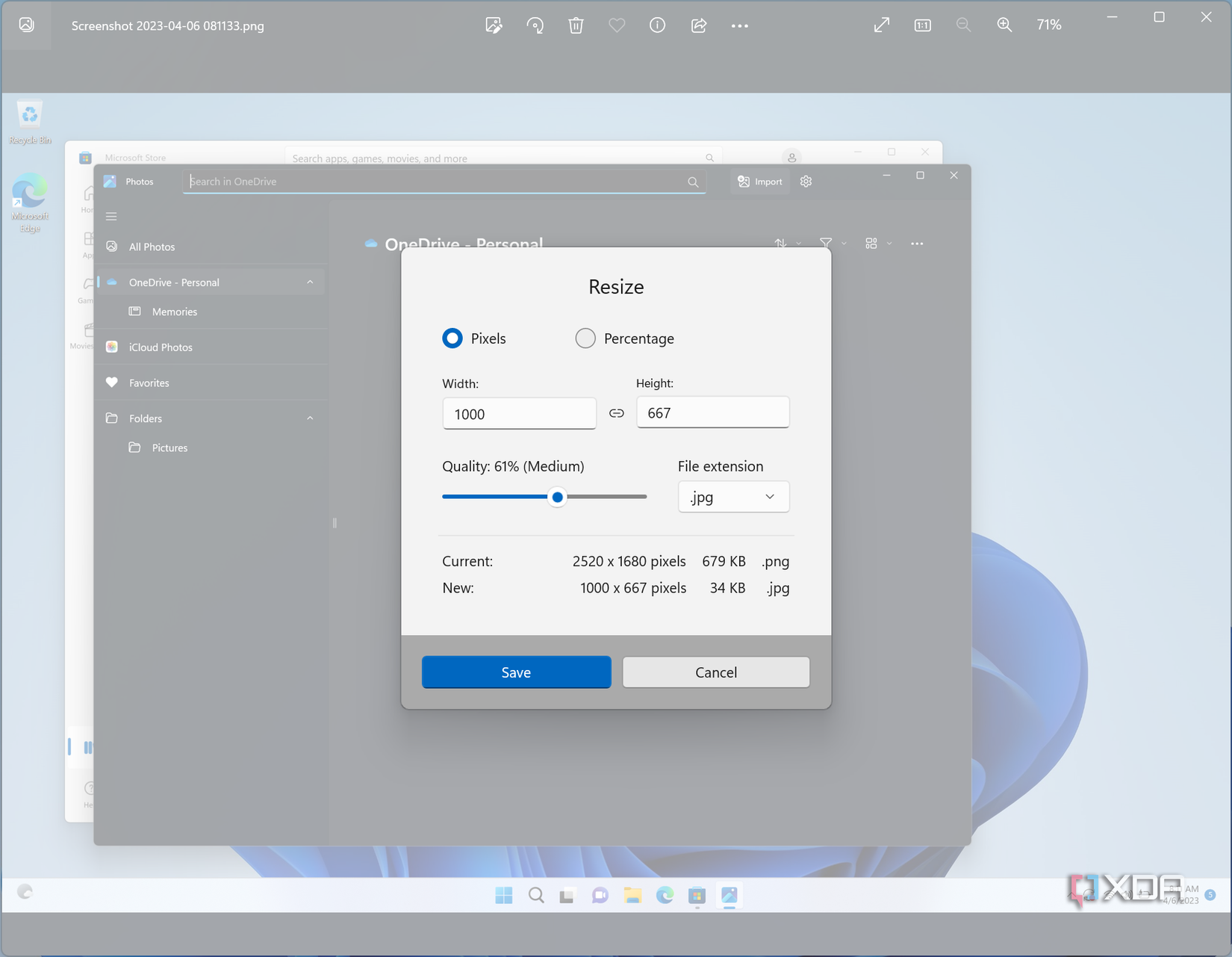 Screenshot of Windows 11 Photos resize dialog with image format set to JPG and quality set to 61%
