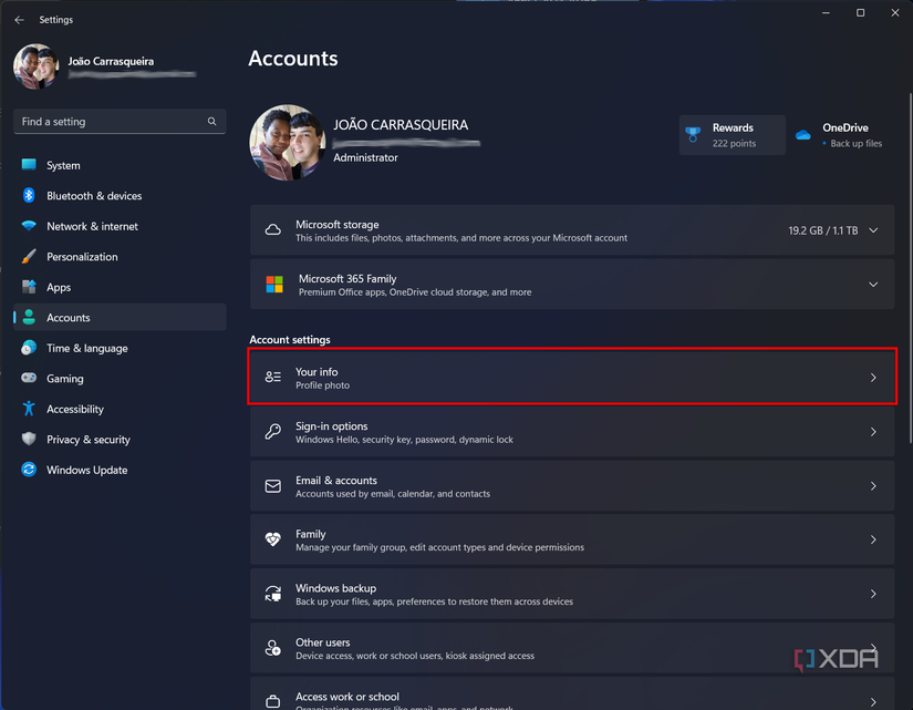 Screenshot of Windows 11 Settings with Accounts section open and the Your info option highlighted