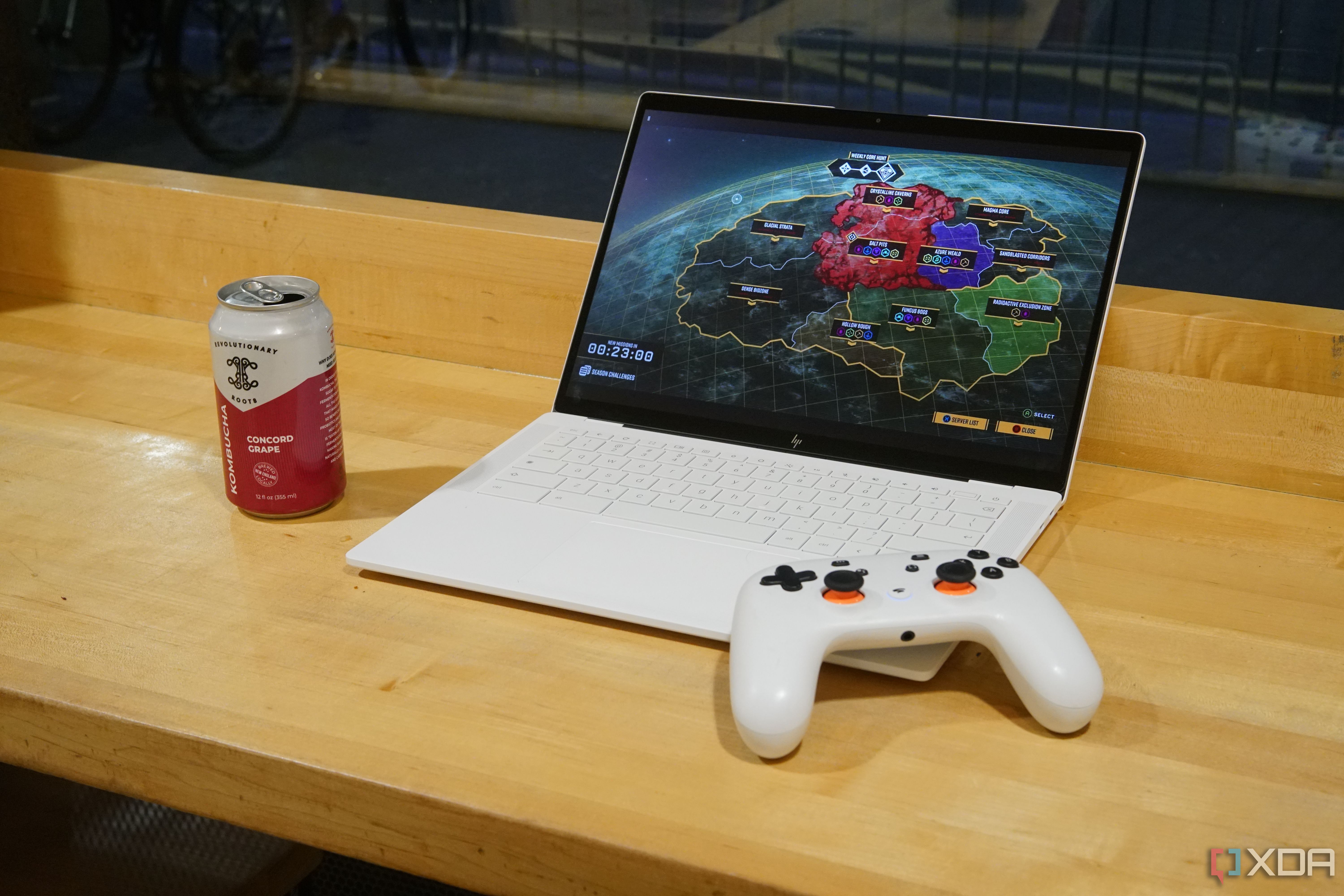 A Chromebook running Deep Rock Galactic from the Steam on ChromeOS beta.