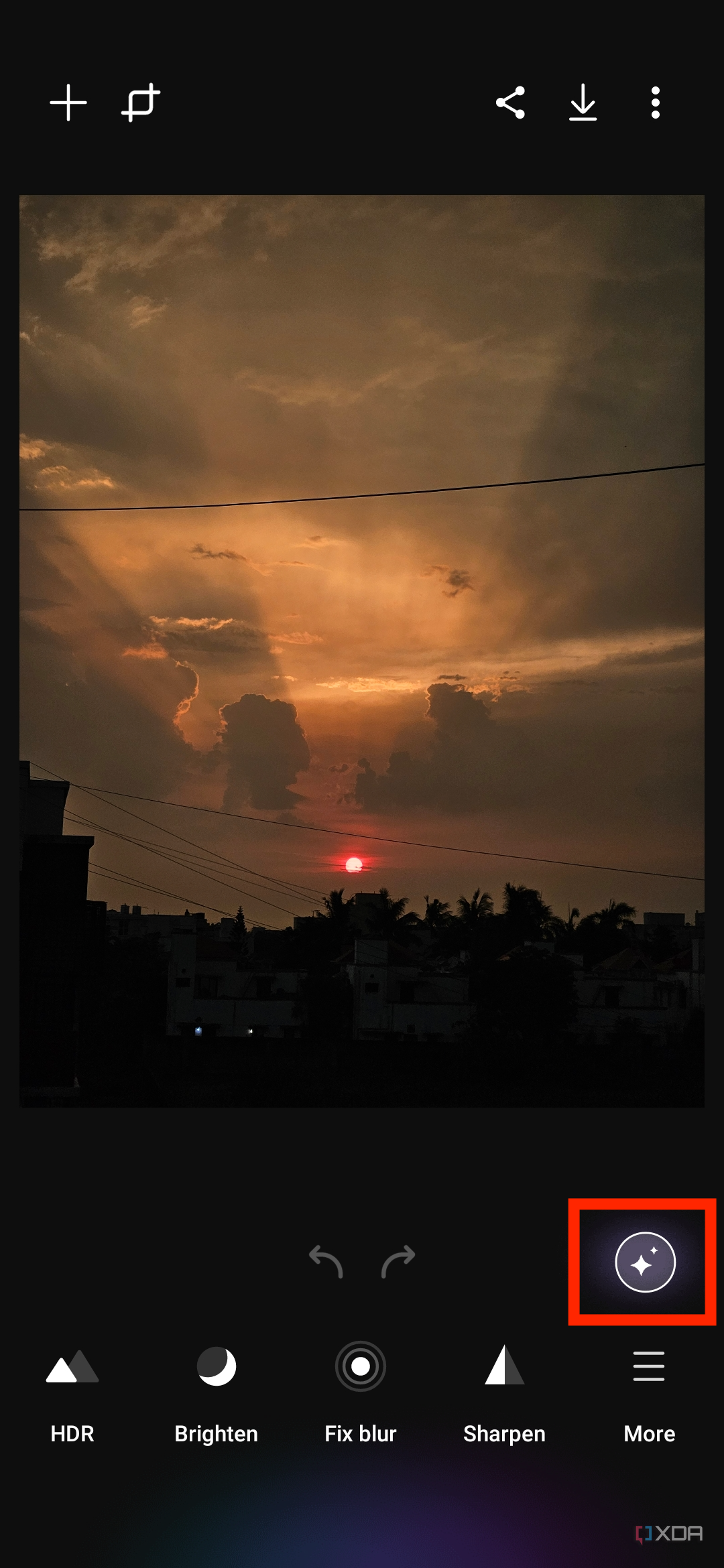 A screenshot showing an image of sunset being edited in Galaxy Enhance-X app.