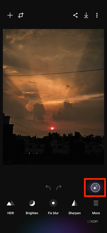 A screenshot showing an image of sunset being edited in Galaxy Enhance-X app.