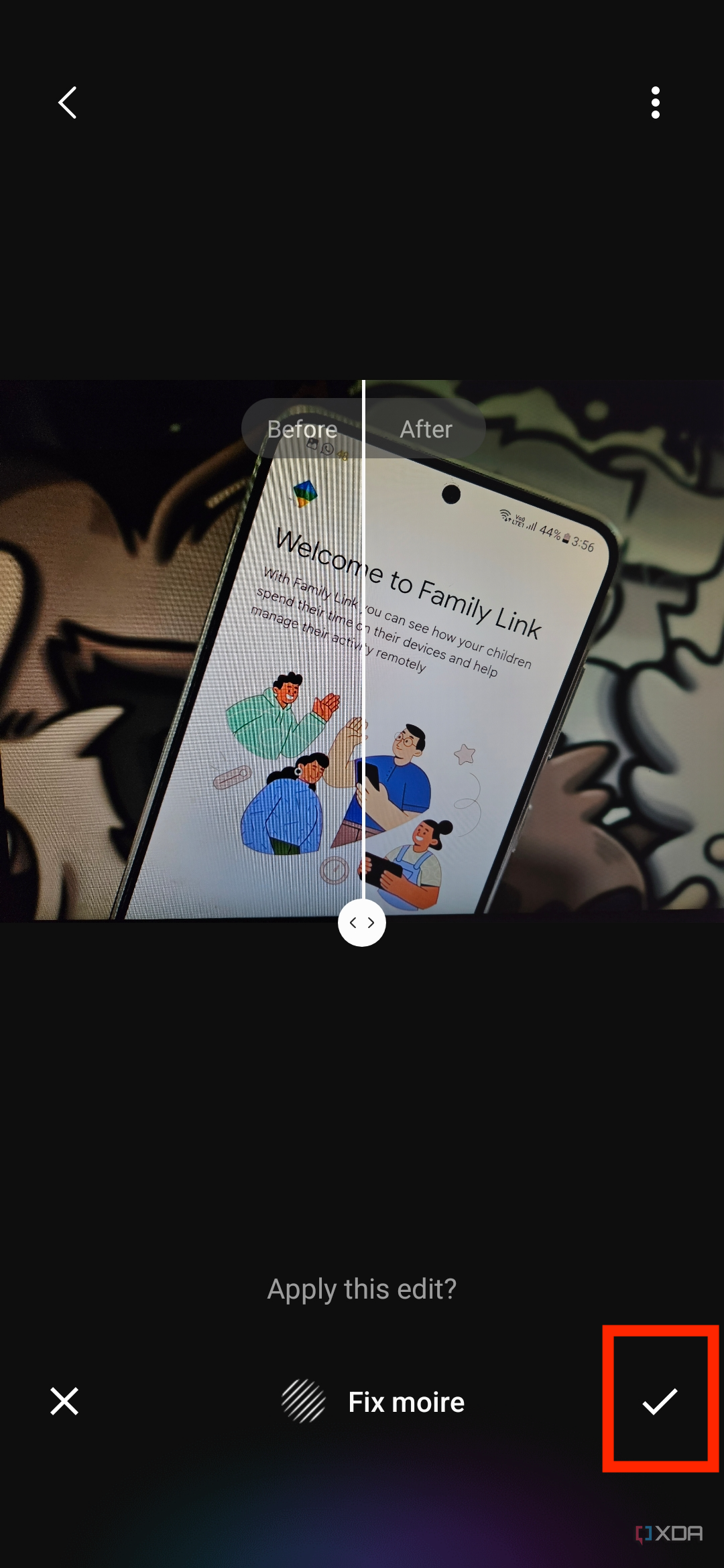 A screenshot showing a confirmation dialog in Galaxy Enhance-X app.