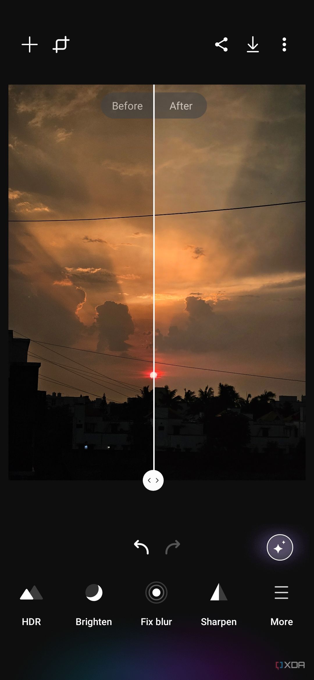 A screenshot showing a slider in the middle of a sunset image being edited in Galaxy Enhance-X app.