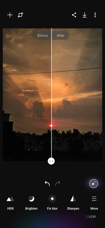 A screenshot showing a slider in the middle of a sunset image being edited in Galaxy Enhance-X app.