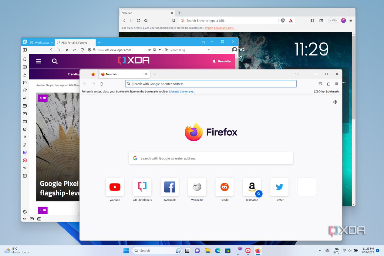Screenshot of Windows 11 running Firefox, Vivaldi, and Brave browsers