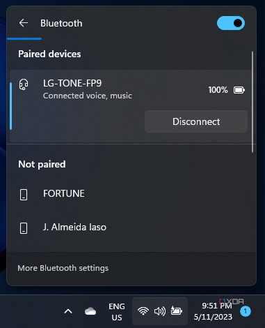 Screenshot of the Bluetooth device list in the Quick Actions panel