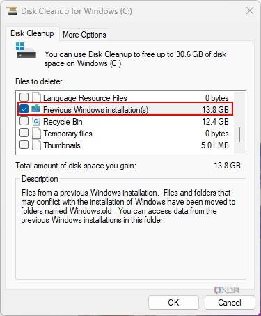 Screenshot of Disk cleanup with preview Windows installation files selected