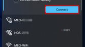 Screenshot of the Wi-Fi network list in the Quick Actions panel. A network is selected and the Connect button is highlighted