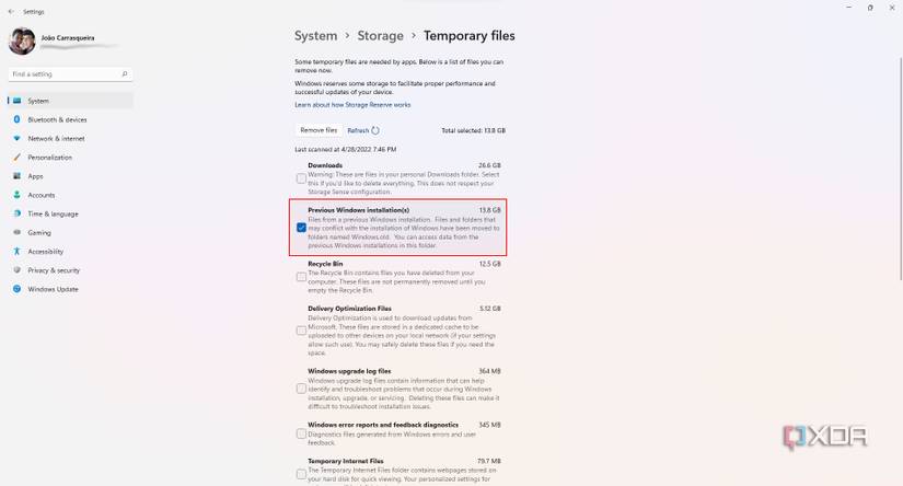 Screenshot of the temporary file cleanup page in the Windows 11 Settings app. The checkbox for Preview Windows installation is highlighted