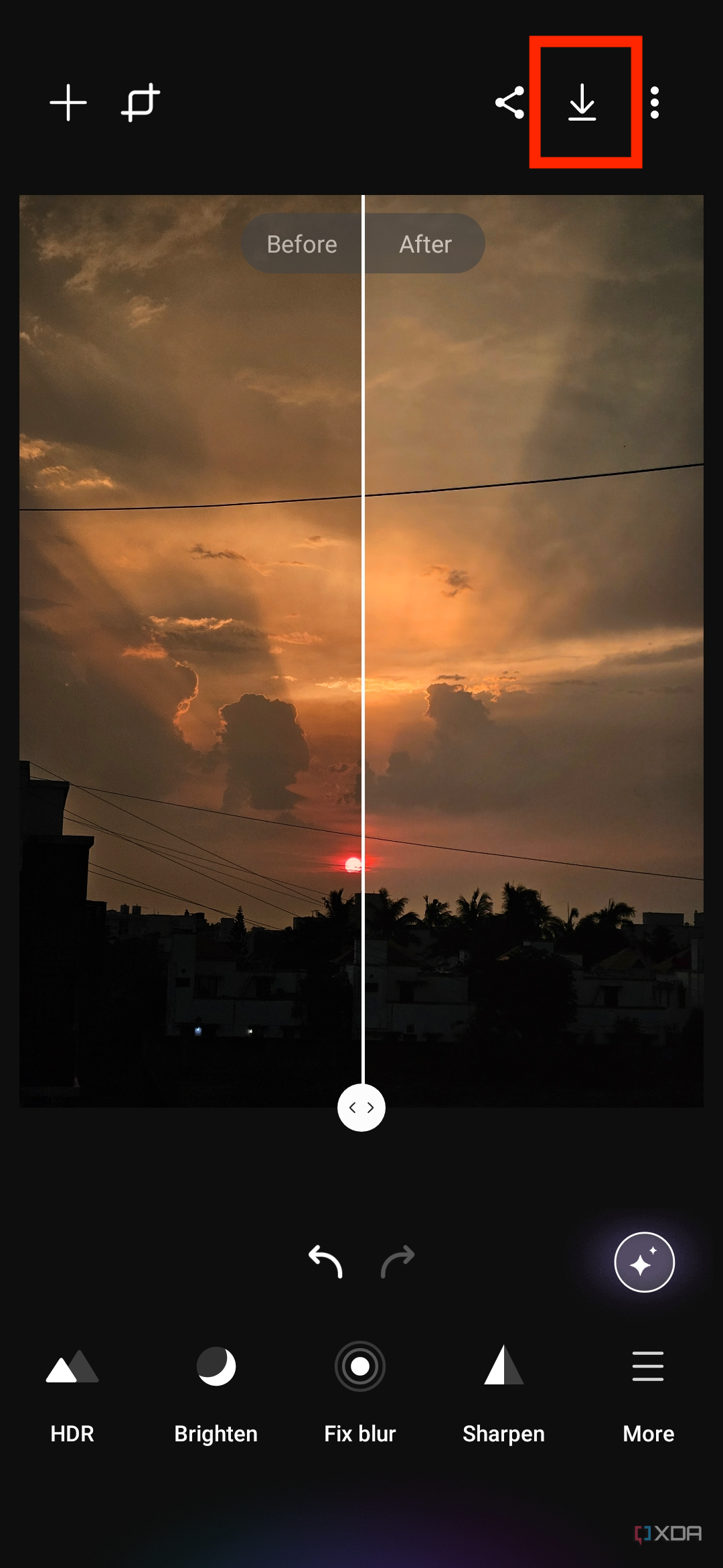 A screenshot showing an image being edited in Galaxy Enhance-X app with a highlighted download button