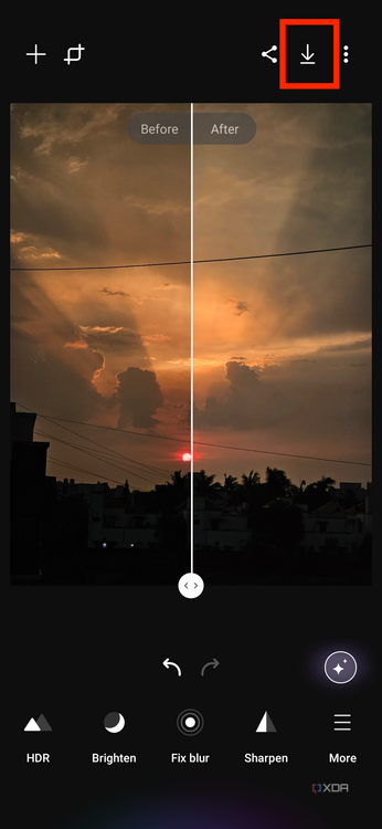 A screenshot showing an image being edited in Galaxy Enhance-X app with a highlighted download button