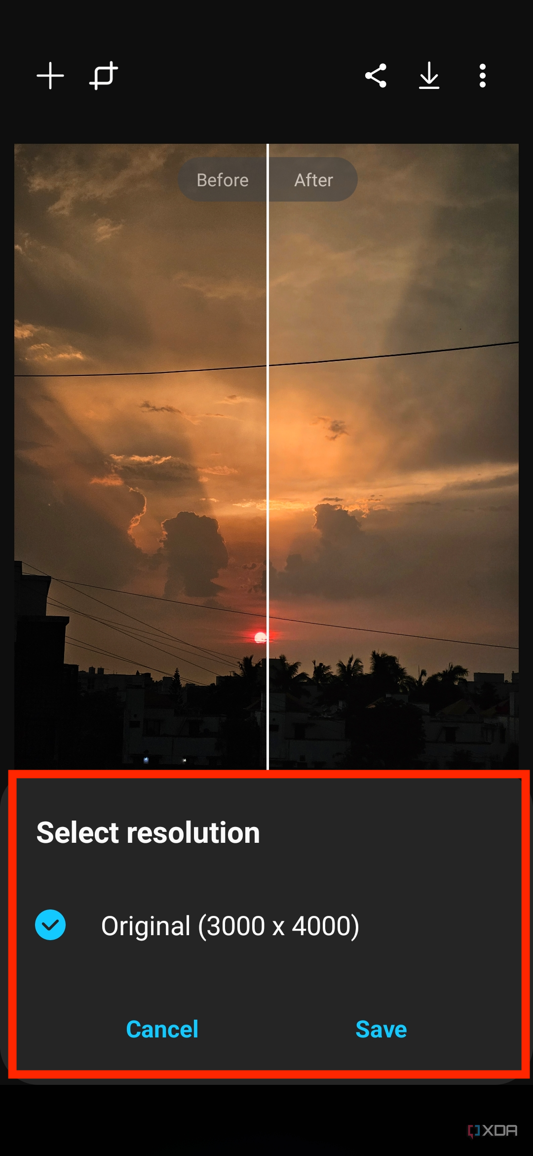 A screenshot showing a highlighted export dialog box with an image of sunset being edited in Galaxy Enhance-X app.