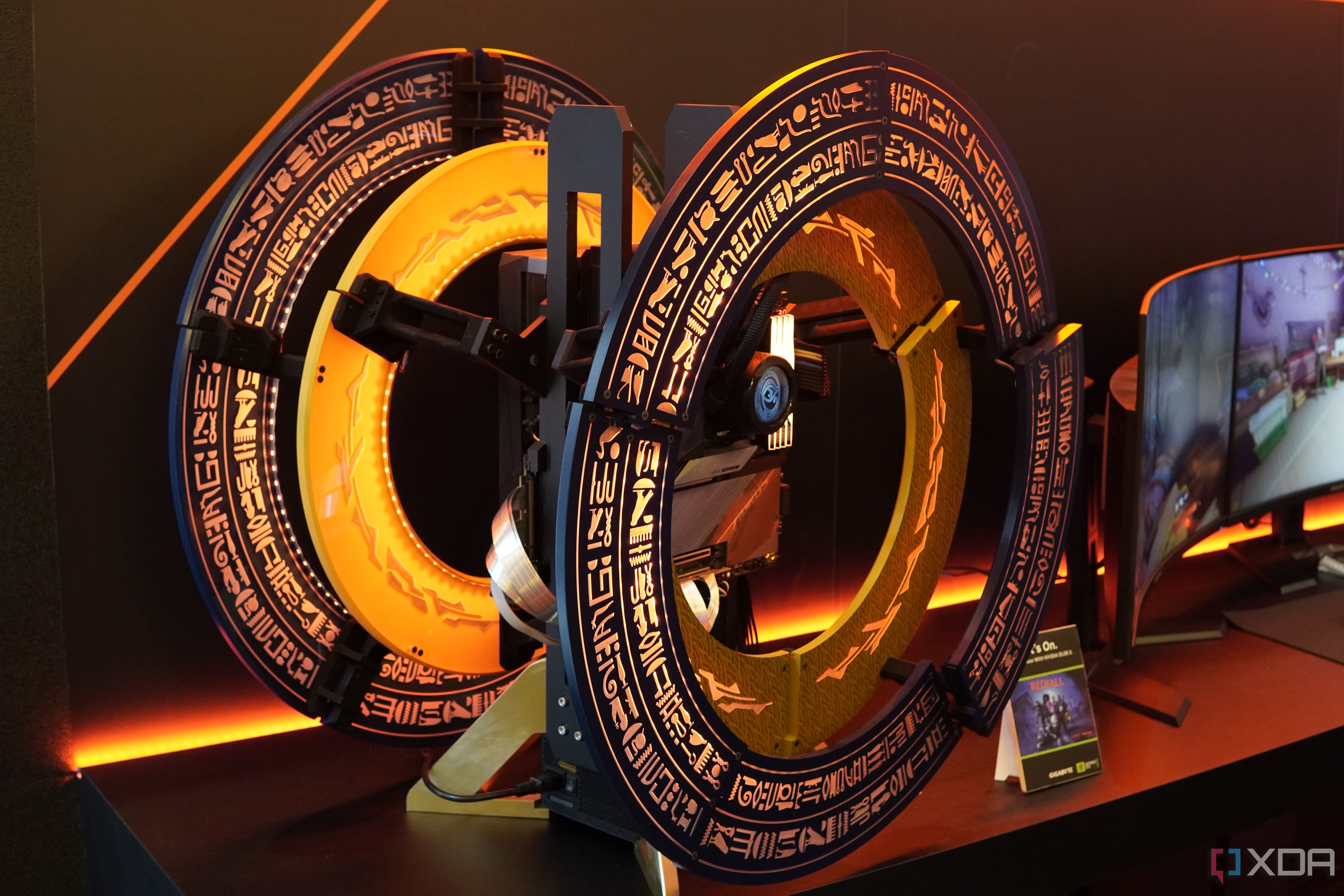 Angled front view of custom PC showcased at the Gigabyte booth at Computex