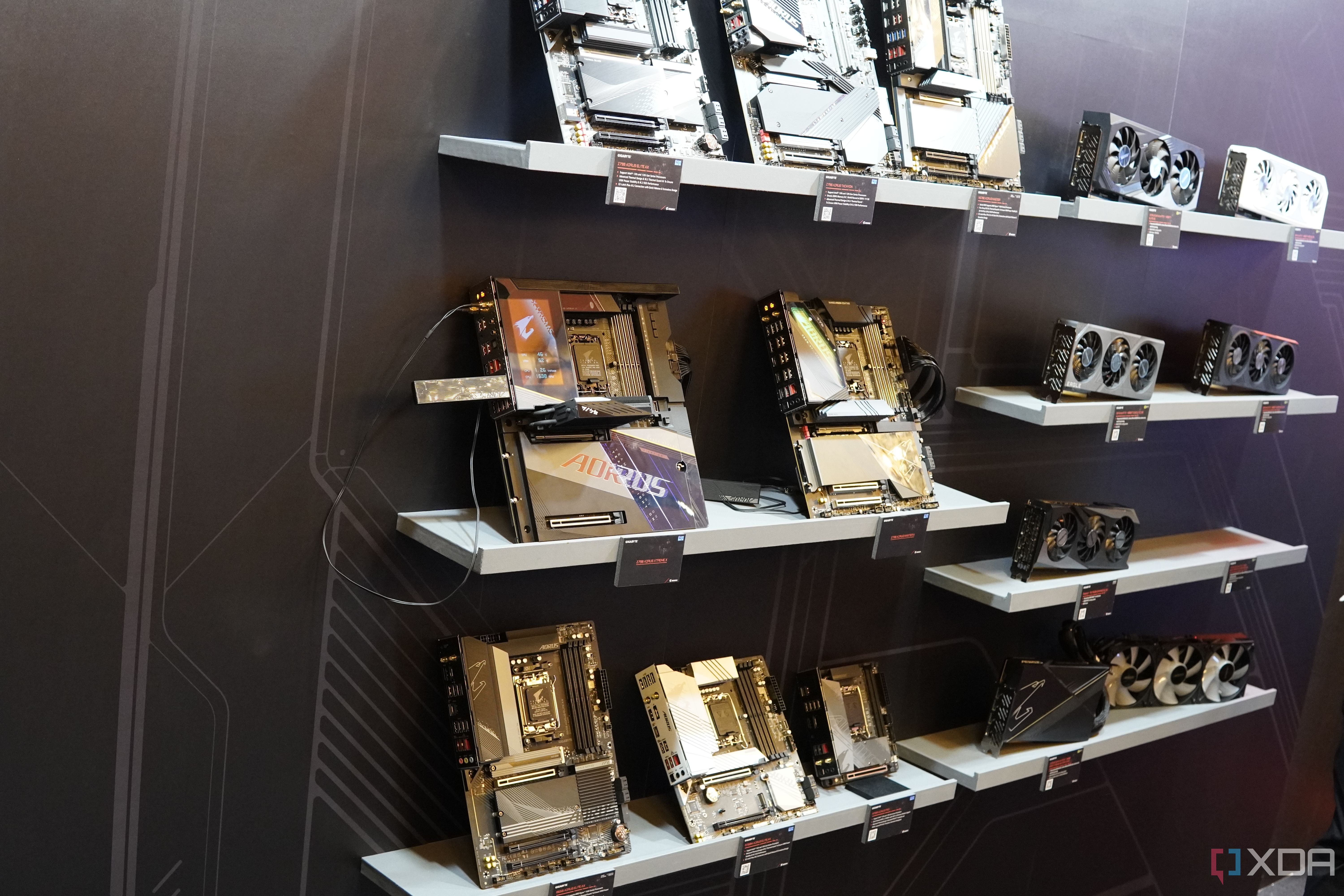 Angled view of the Gigabyte Z790 Aorus Xtreme X and Master X motherboards