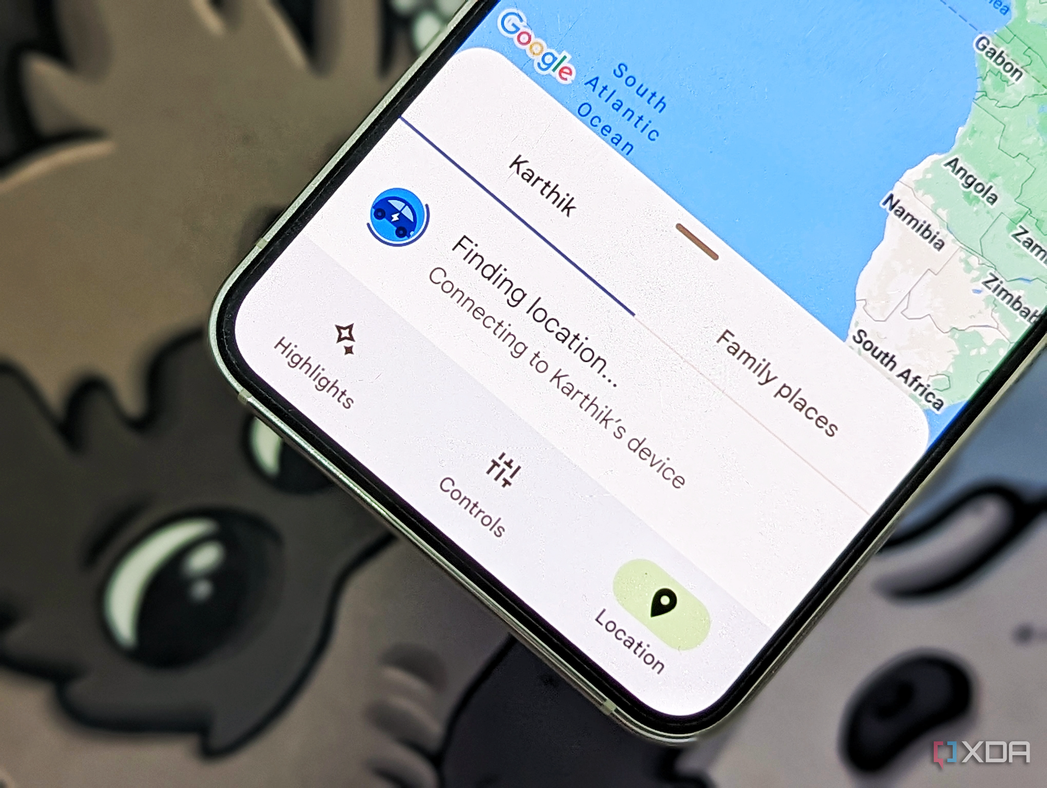 An image of a Galaxy S23 displaying the location detection feature within the Google Family Link app.