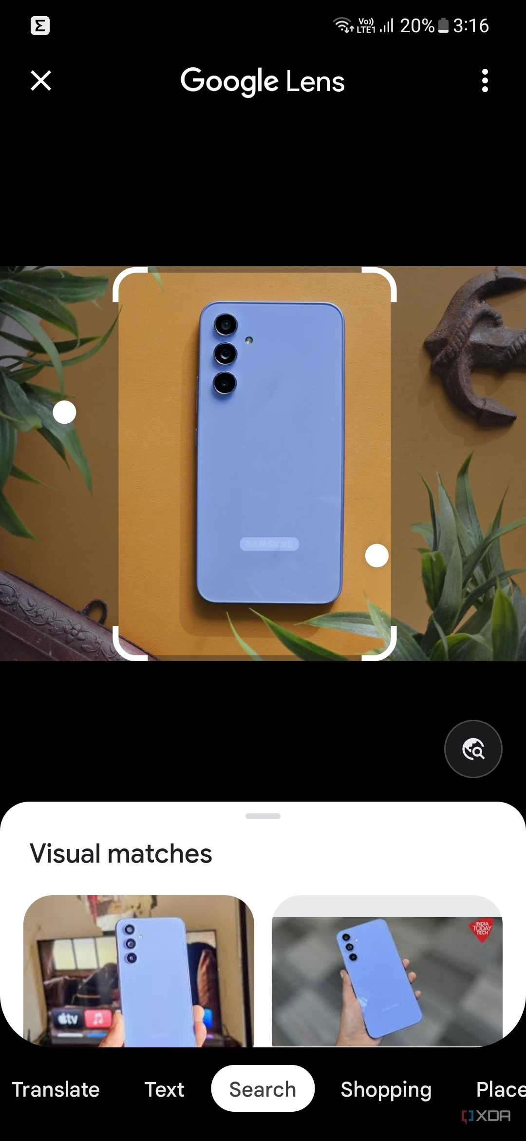 A screenshot showing the Google Lens feature analyzing a picture of Galaxy A54 5G within Google Photos.