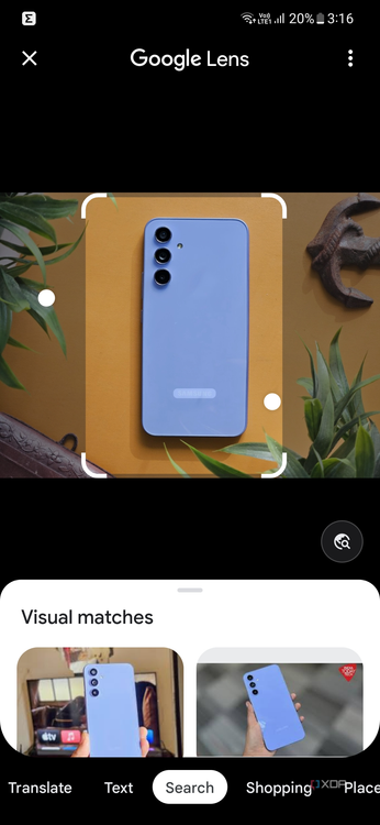 A screenshot showing the Google Lens feature analyzing a picture of Galaxy A54 5G within Google Photos.