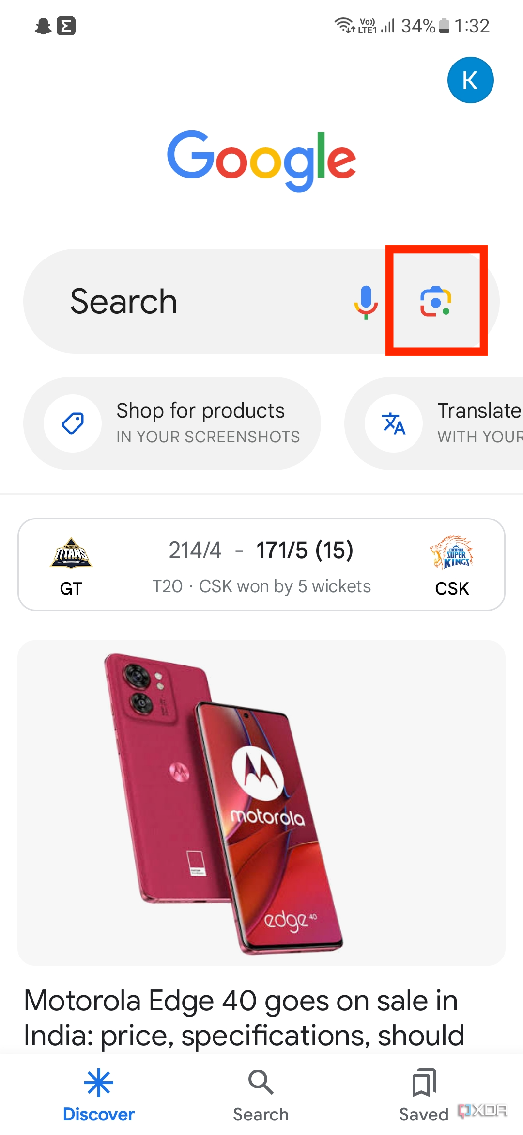 An image showing a highlighted Google Lens icon within the Search field.