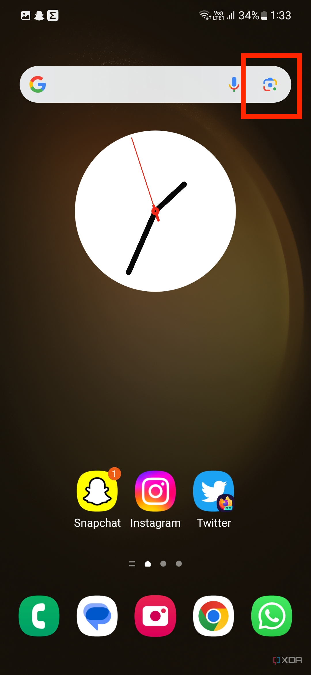 An image showing a highlighted Google Lens icon within the Search widget.