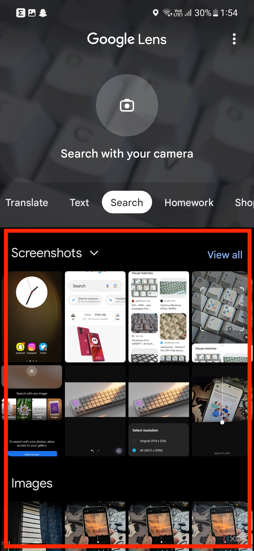 A screenshot showing the Google Lens homepage with the image selection menu.