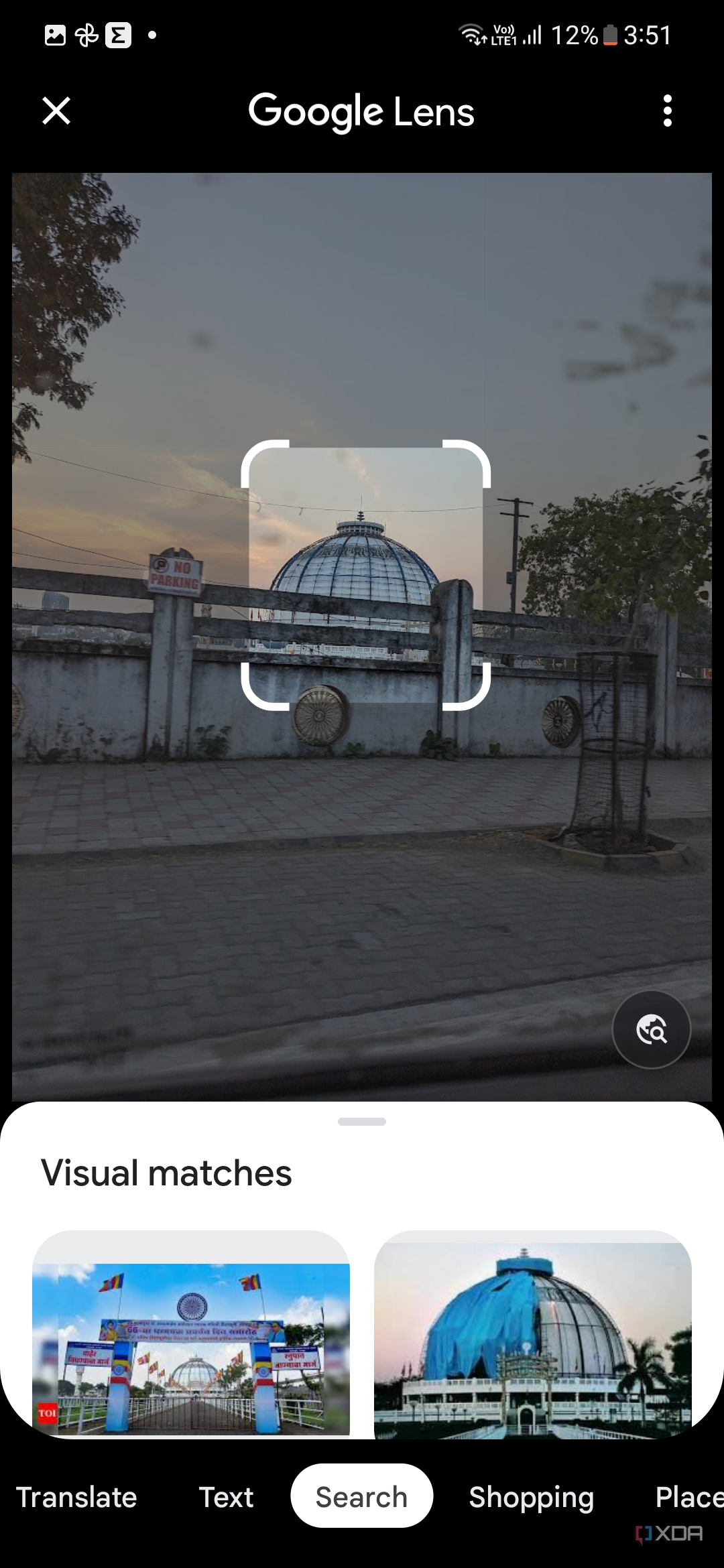A screenshot showing location results for a dome-shaped building in Google Lens.