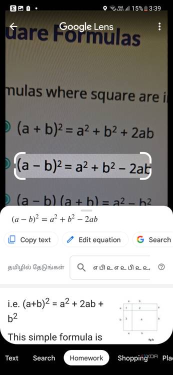 A screenshot showing a hgihlighted math equation in Google Lens.