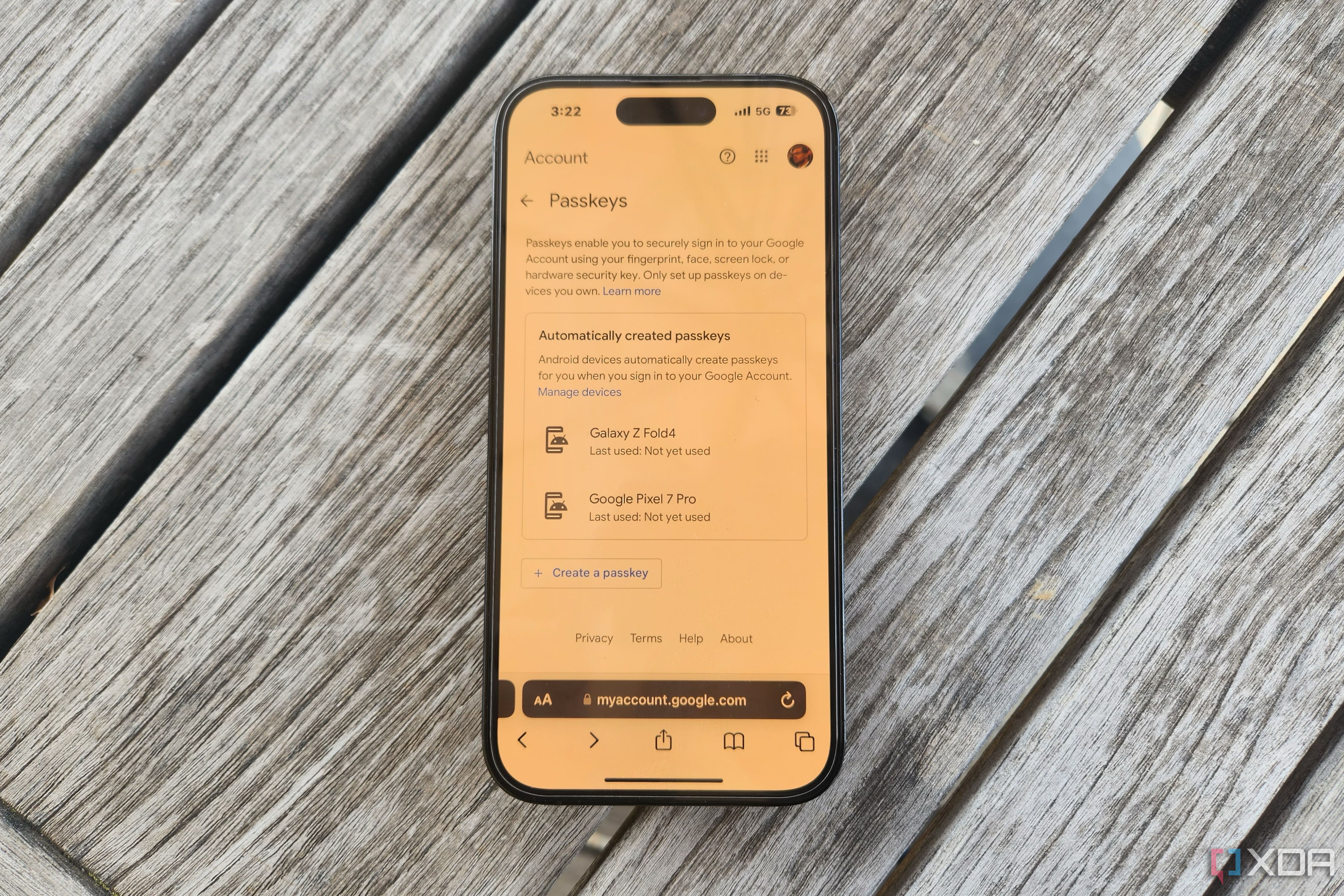 The passkeys section of Google's account security page on an iPhone 14 Pro.