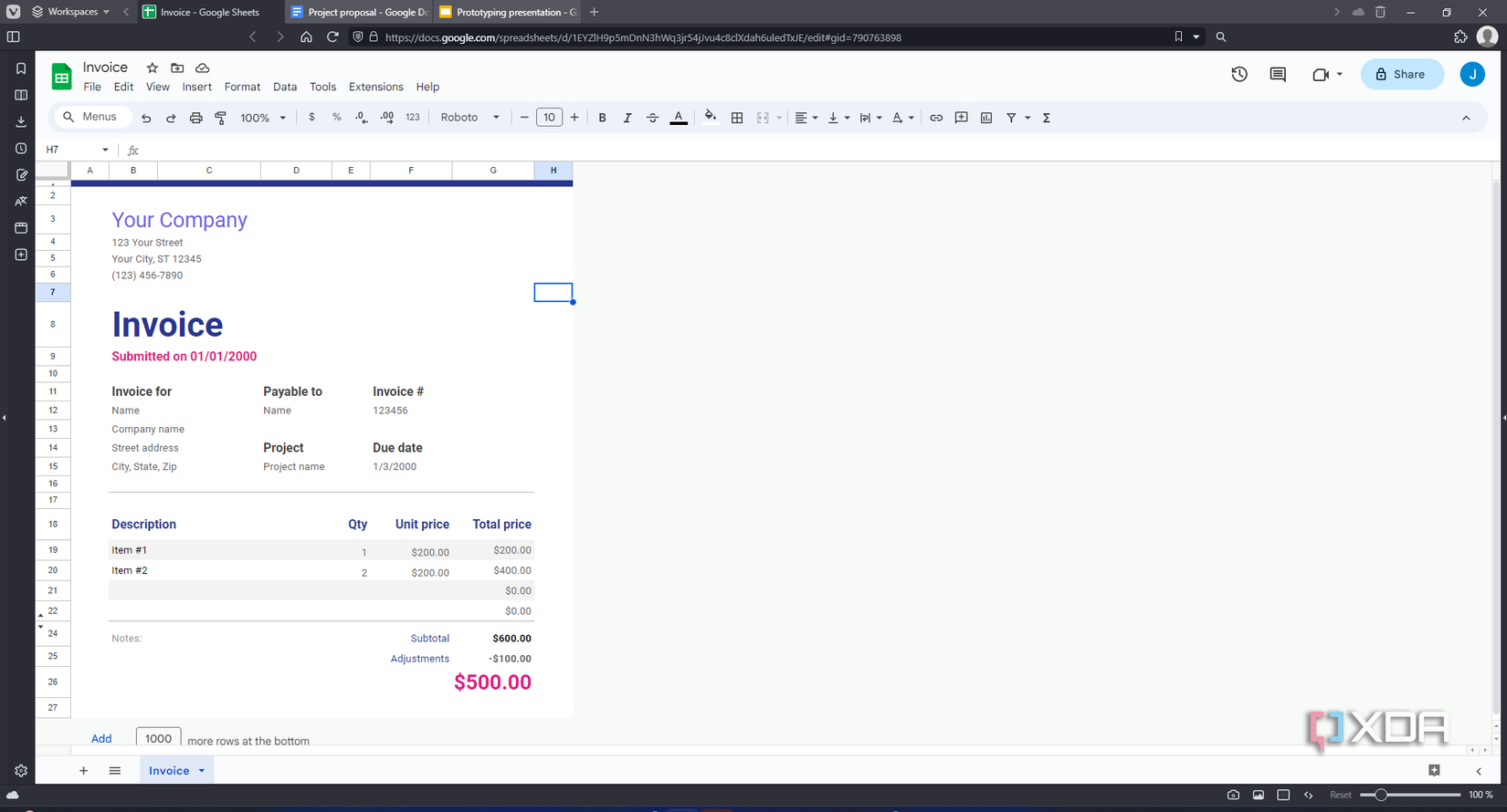 Screenshot of Google Sheets running in Edge, with other tabs open for Docs and Slides