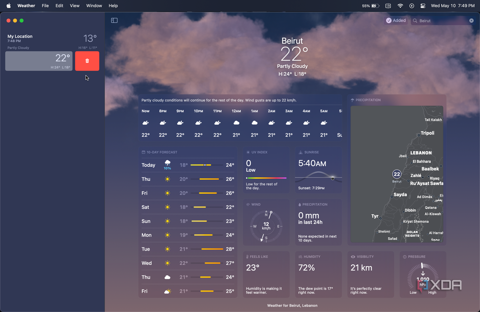 Deleting a location in the weather app