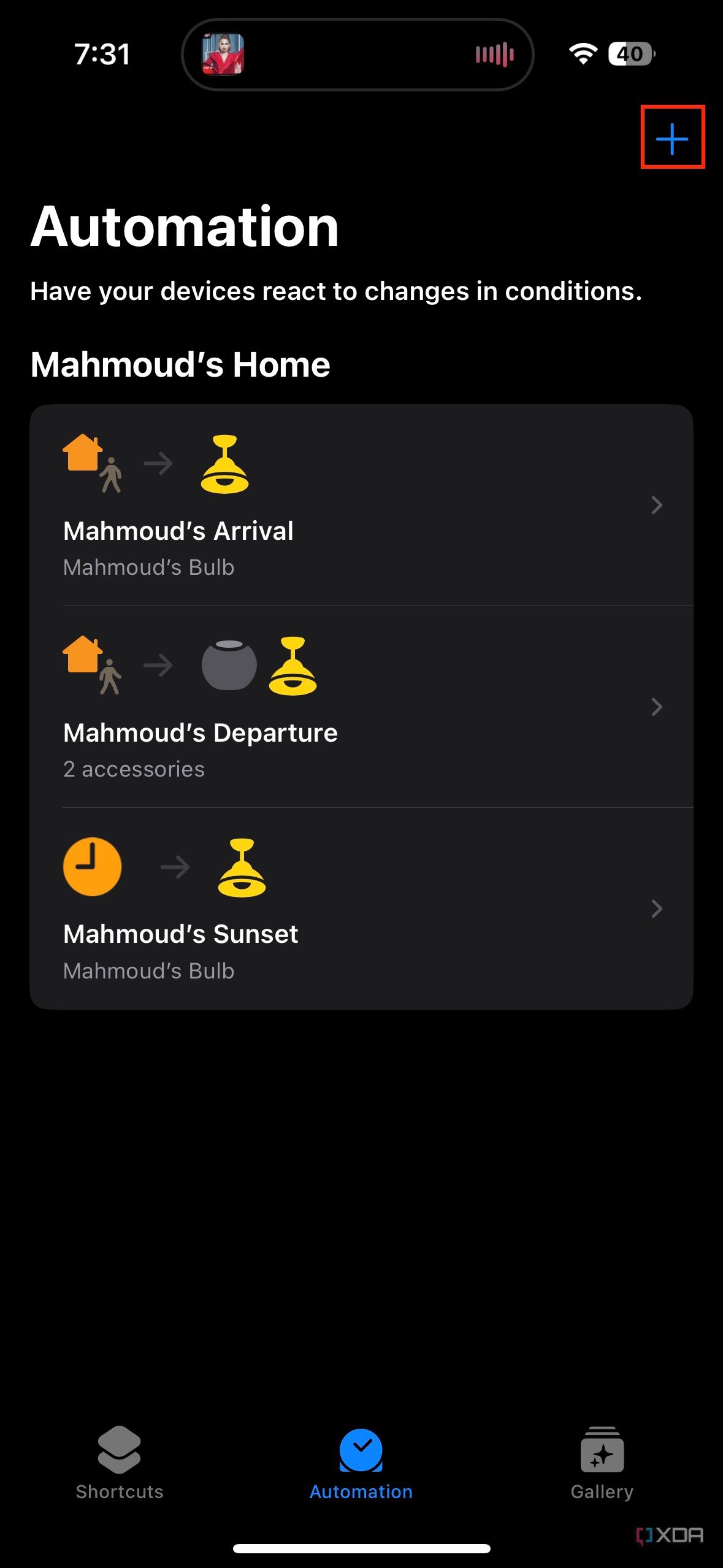 plus button highlighted in the automation tab of the shortcuts app