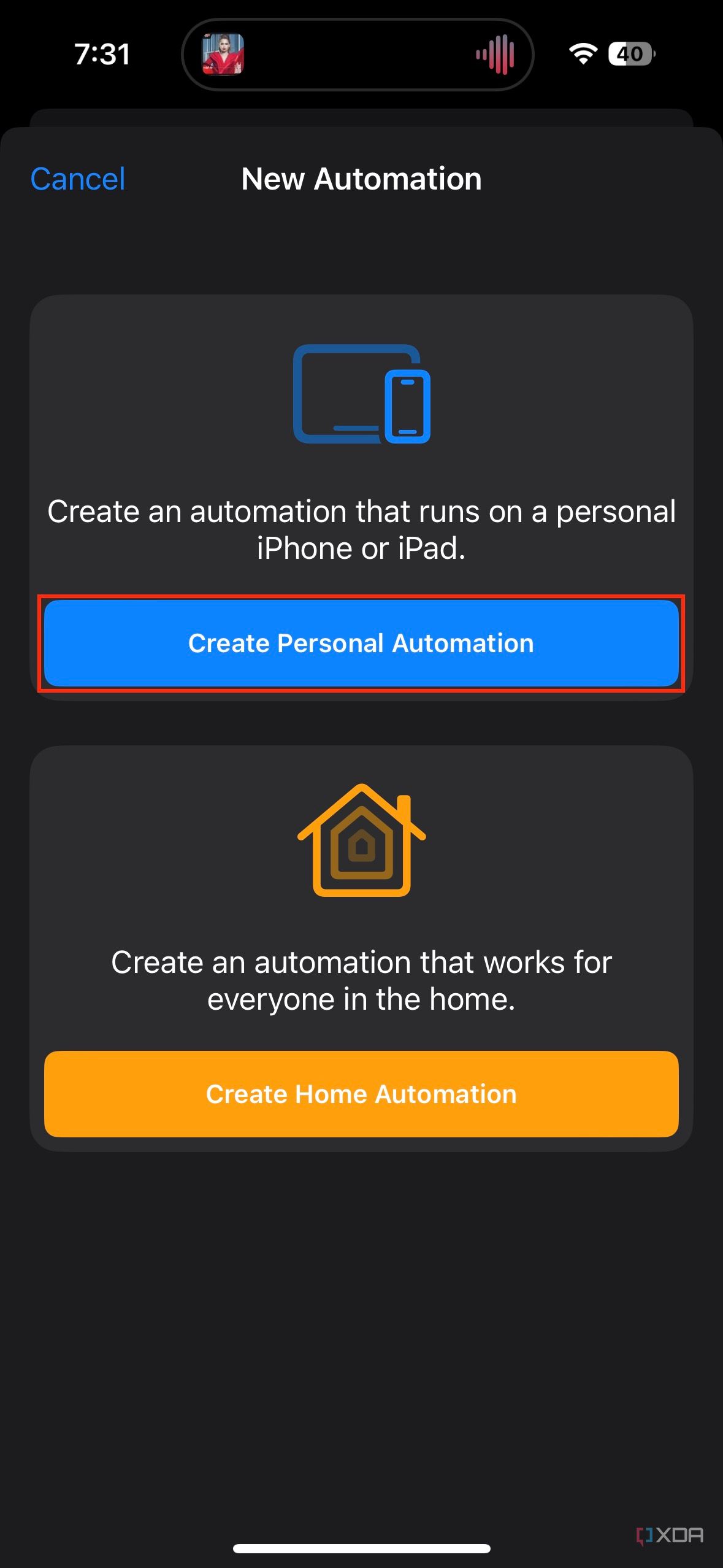 create personal automation option highlighted in new automation menu
