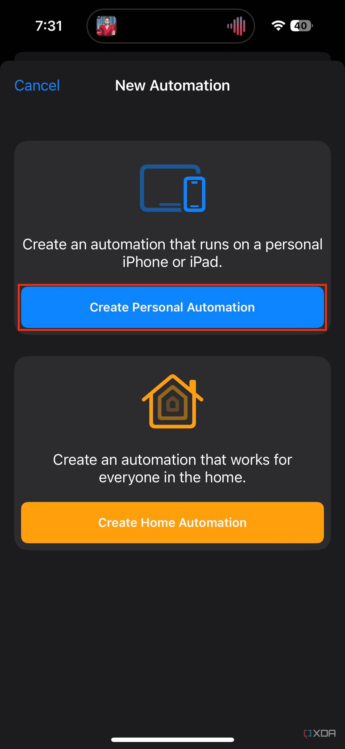 create personal automation option highlighted in new automation menu