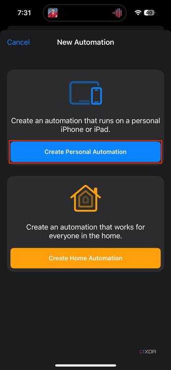 create personal automation option highlighted in new automation menu