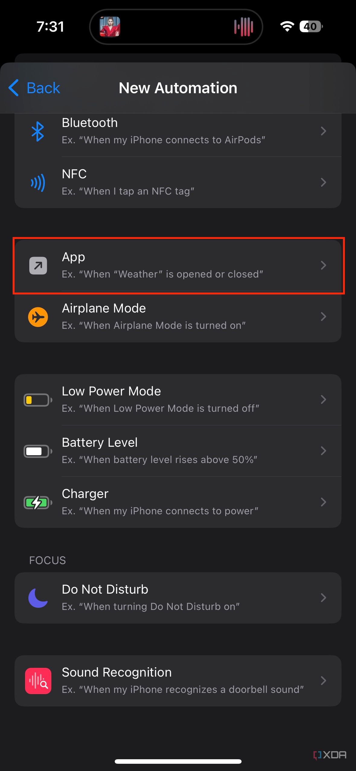 app button highlighted when creating a new automation