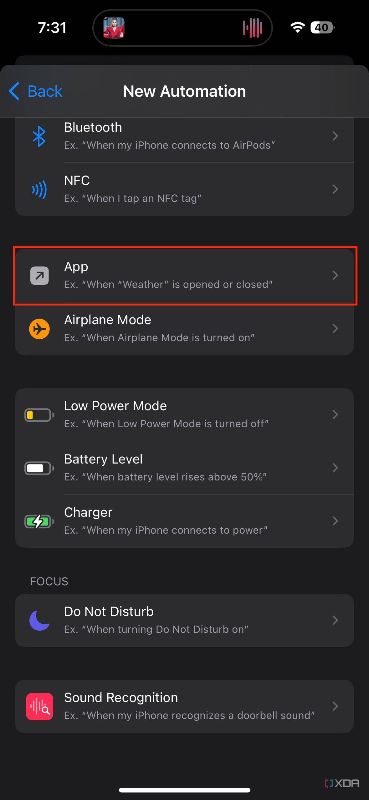 app button highlighted when creating a new automation