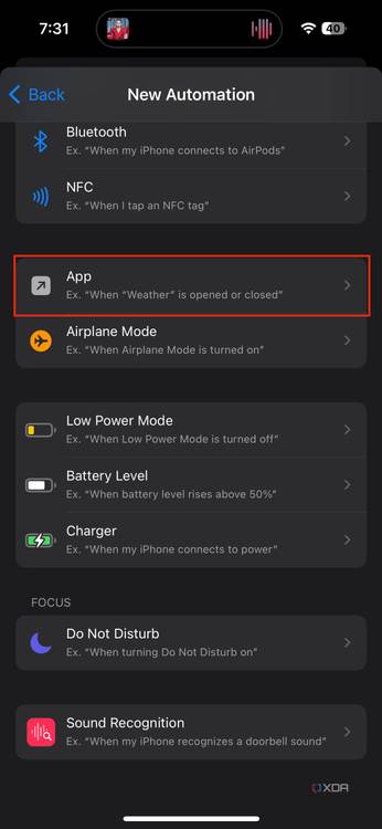 app button highlighted when creating a new automation