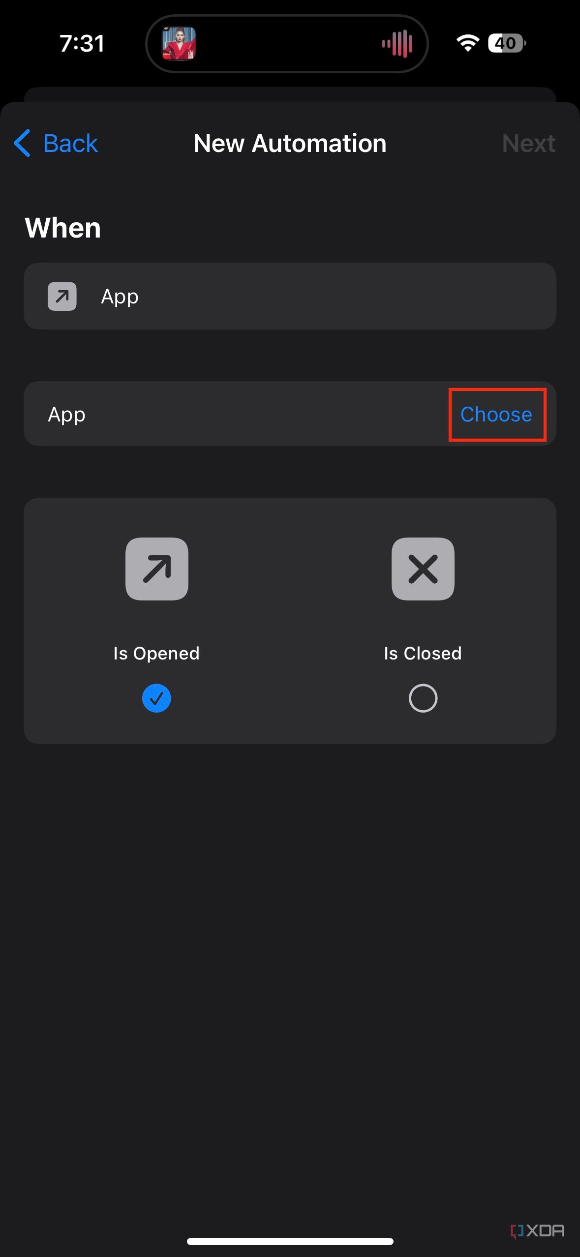 Choose button highlighted when creating a new automation 