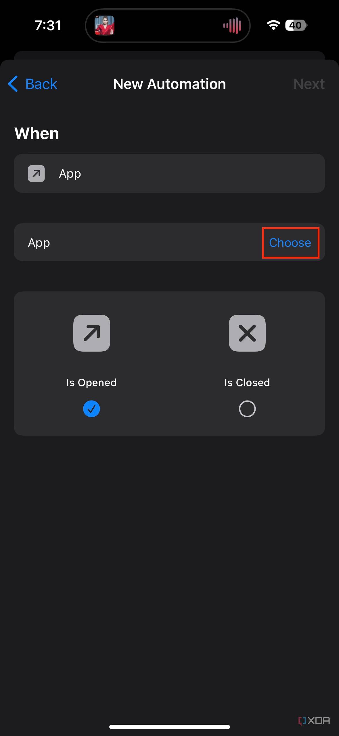 Choose button highlighted when creating a new automation