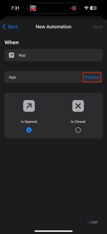 Choose button highlighted when creating a new automation