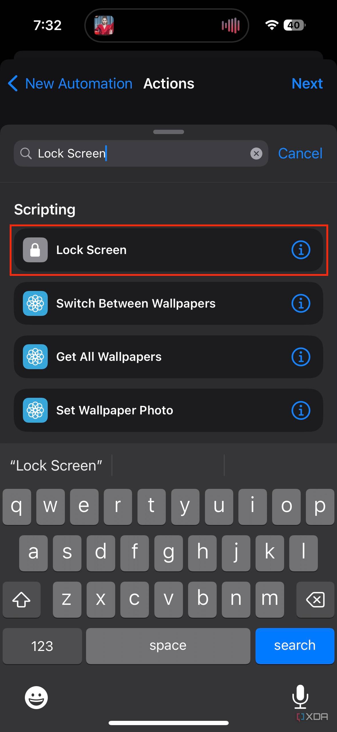 Lock Screen option highlighted in automation actions