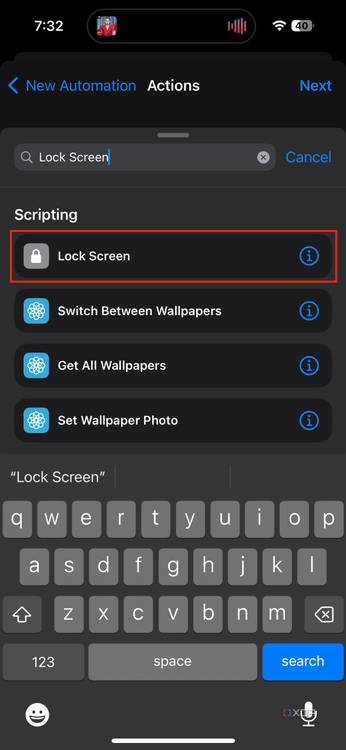 Lock Screen option highlighted in automation actions