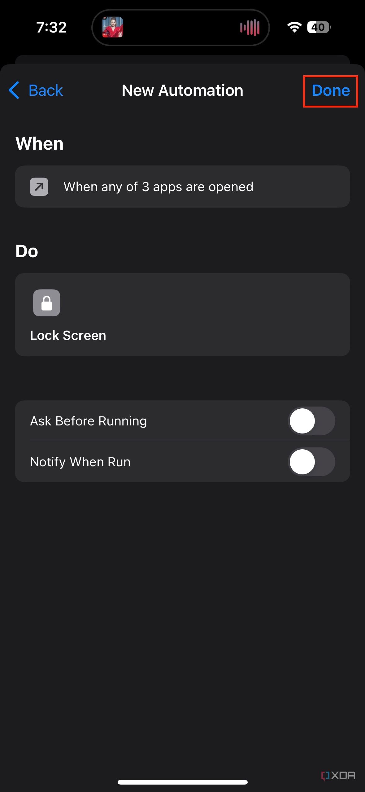 Done button highlighted in shortcuts automation