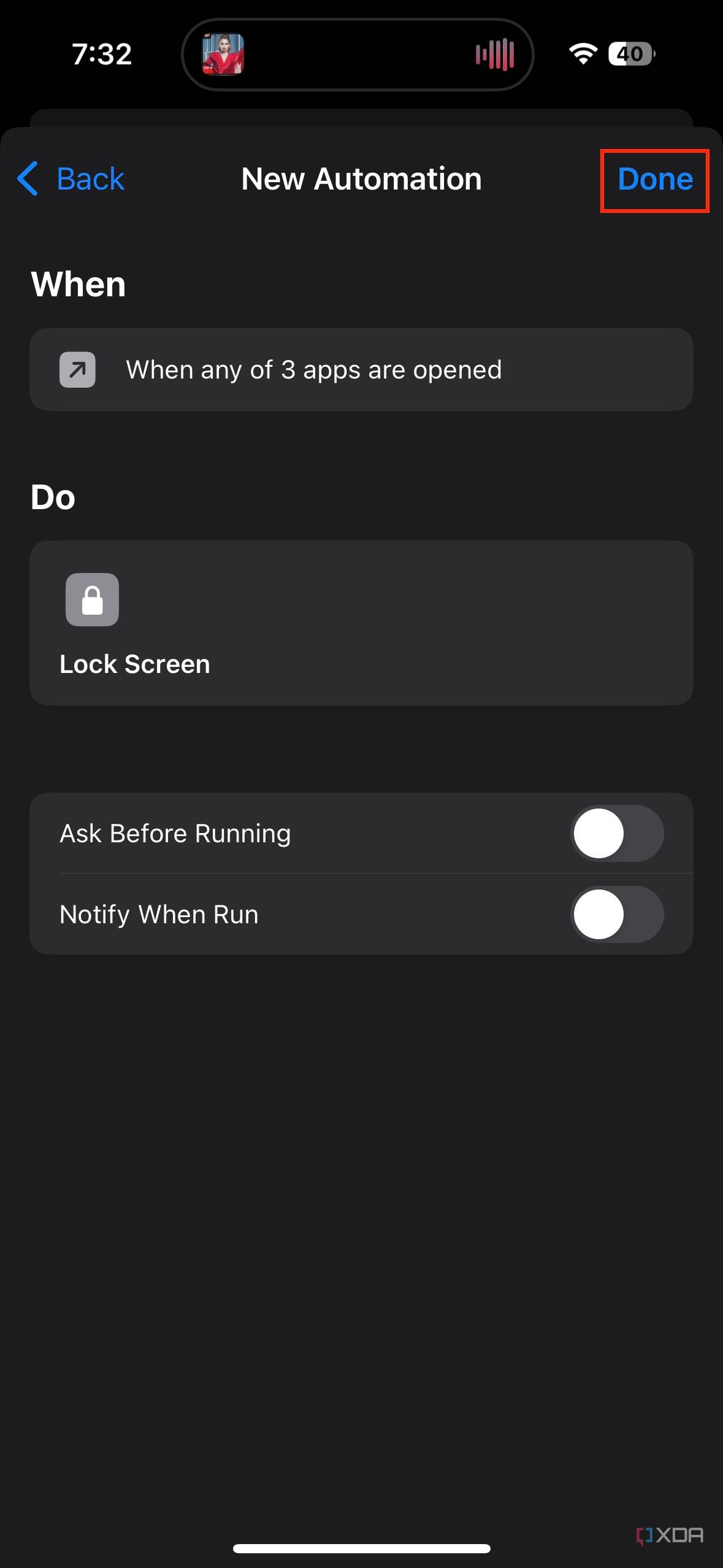 Done button highlighted in shortcuts automation