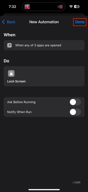 Done button highlighted in shortcuts automation