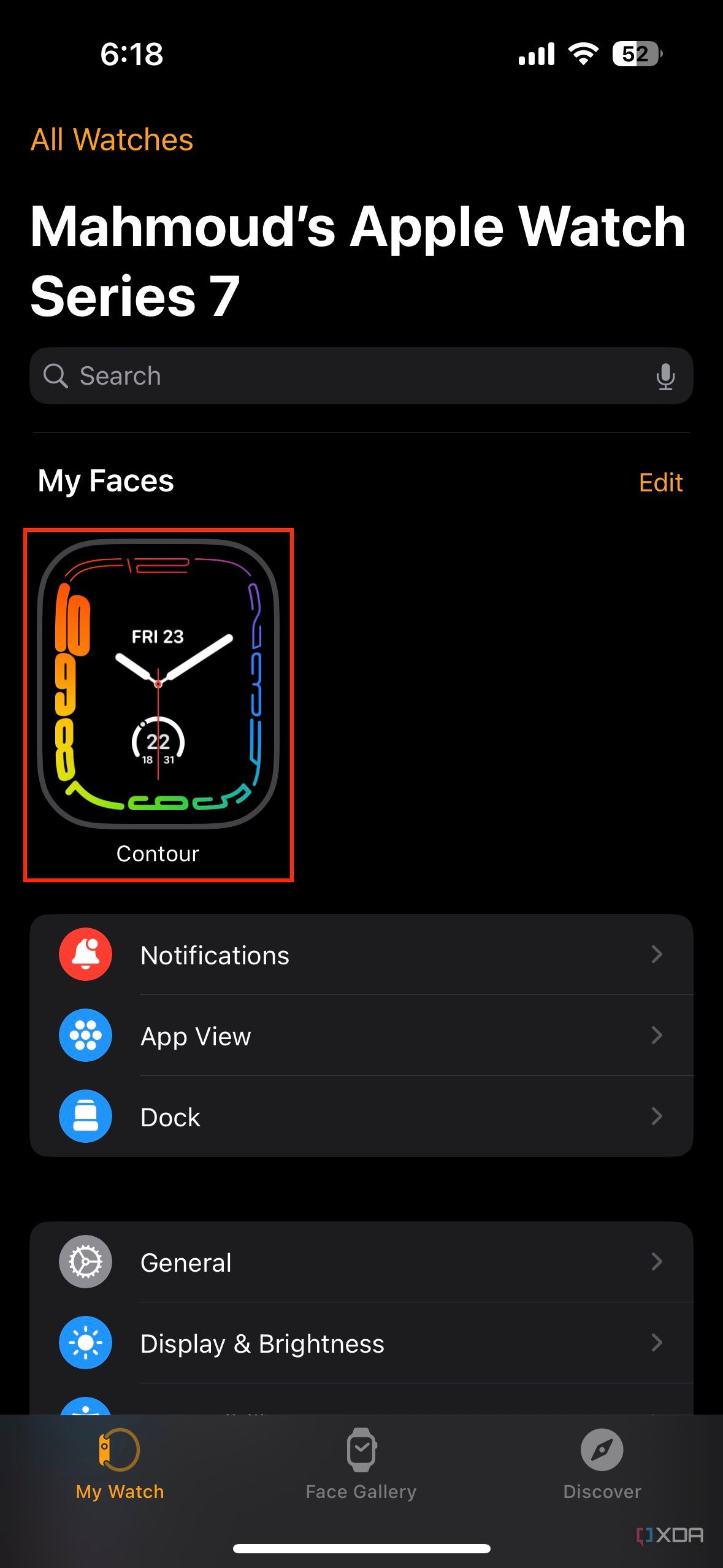 Contour watch face highlighted in the Watch iOS app