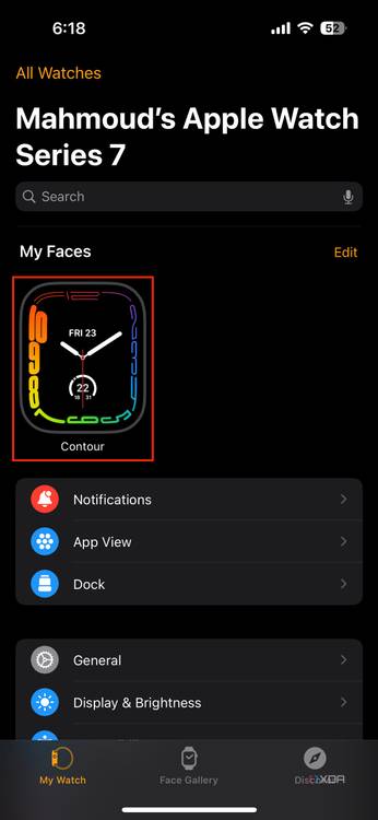 Contour watch face highlighted in the Watch iOS app